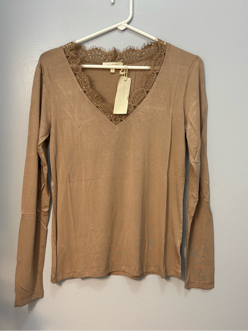 Mystree Lace V-Neck Modal Long Sleeve Top - Taupe / Beige Size L NWT
